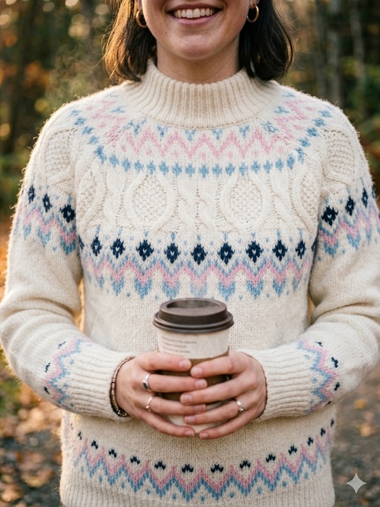 RD Style Sweaters - RD Style Cream Fair Isle Mock Neck Sweater with Pastel Pink and Blue Accents
